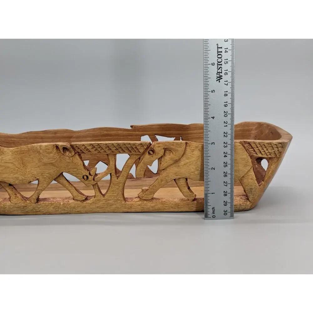 Safari African Hand Carved Wood Fruit Food Decorative Basket 14” Vintage